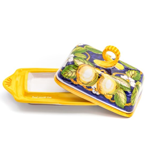 Blue Lemon butter dish with decorated lid and yellow-orange base