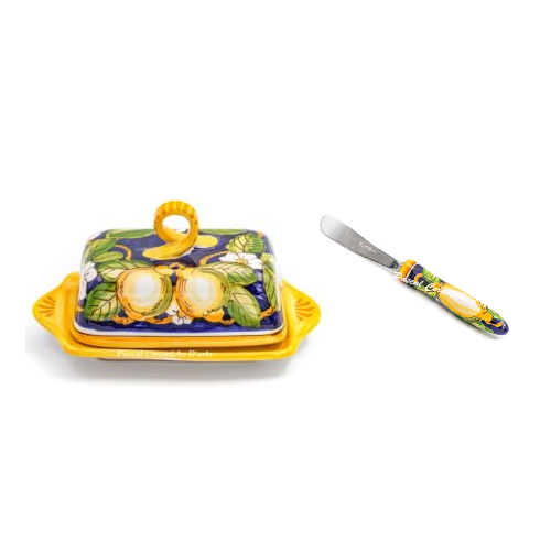 Blue Lemon butter dish and ceramic handle butter spreader set