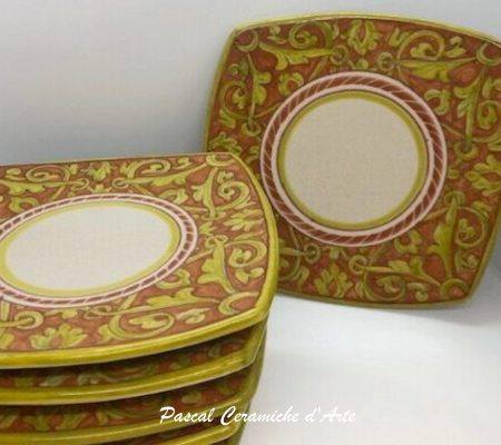 Set of 6 Baroque Red Terracotta square Italian ceramic appetizer plates with traditional hand-painted decoration