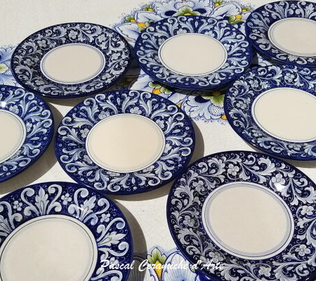 Set of 8 C2 Blue Mix hand-painted Italian ceramic salad and appetizer plates with different decorations