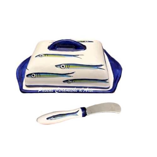 Anchovy butter dish and butter spreader hand-painted Italian ceramic