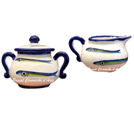 Anchovy sugar bowl and creamer hand-painted ceramics