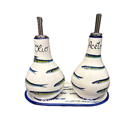 Oil & Vinegar bottles set with tray dec. Anchovies