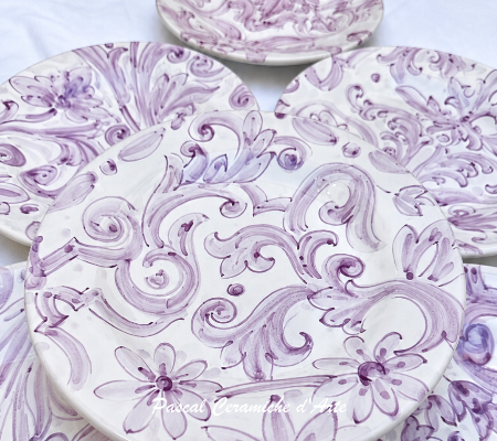 Set of 6 unique lilac hand-painted Italian ceramic salad and appetizer plates