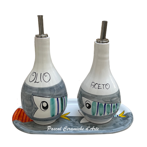 Oil & Vinegar bottles set with tray dec. Funny Fish - Image 5