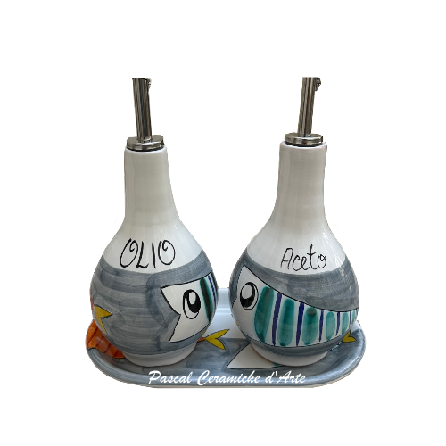 Oil & Vinegar bottles set with tray dec. Funny Fish - Image 4