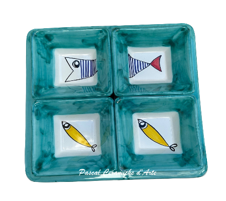 Appetizer set 4 pieces & square dish dec. Funny Fish