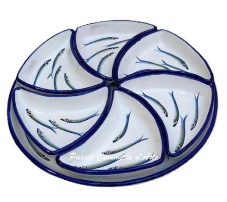Appetizer set 6 pieces & round dish dec. Anchovies