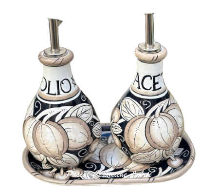 Small set Oil & Vinegar with tray dec. Black lemons