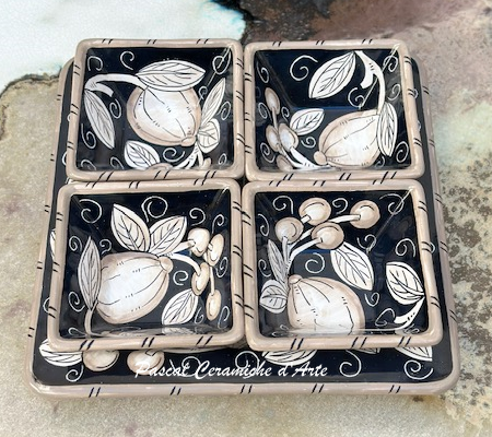 Appetizer set 4 pieces & square dish dec. Lemon blacks