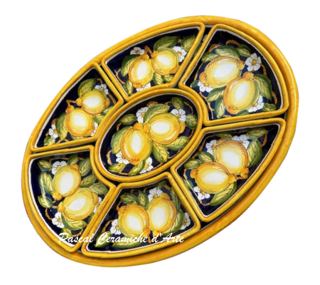 Appetizer set 7 pieces & large oval dish dec. Blue Lemons