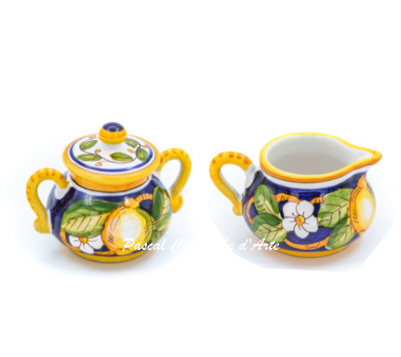 Blue Lemon sugar bowl and creamer hand-painted Italian ceramic