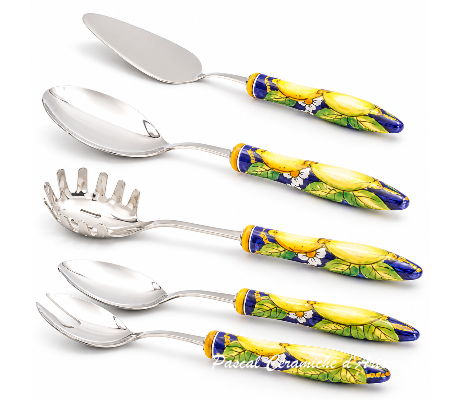 Blue Lemon serving utensils with hand-painted ceramic handles