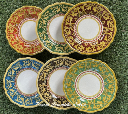 Baroque set of 6 appetizer plates, 6 colors, hand-painted in Italy