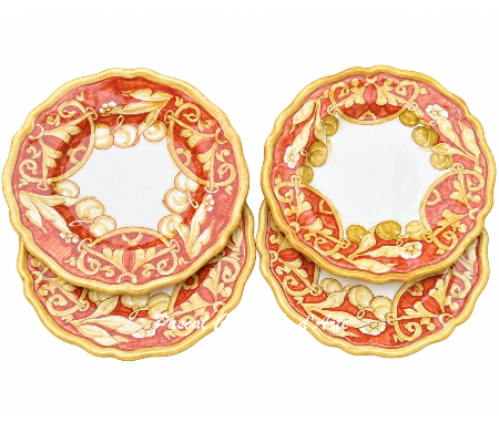 Set of 4 hand-painted Italian appetizer plates with scalloped edges, cream glaze, and terracotta and mustard Monocromia decoration, shown stacked on a white background.