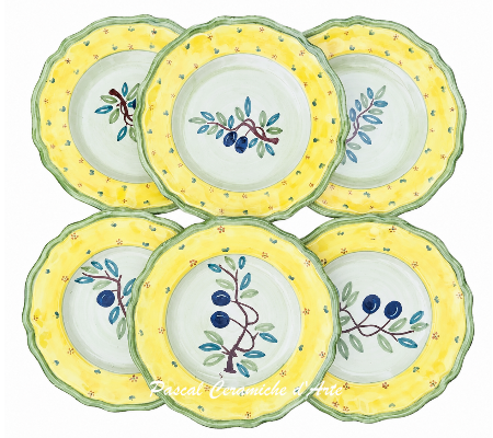 Set of 6 Olive Grove hand-painted Italian ceramic appetizer plates with scalloped rims, yellow borders and olive branch decorations