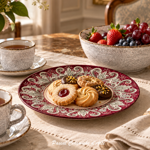 C2 Burgundy hand-painted Italian ceramic plate used as a serving plate with cookies, tea cups and a Rainbow Collection fruit bowl