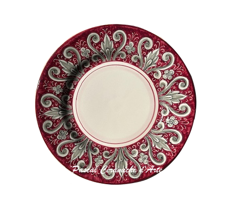 C2 Burgundy hand-painted Italian ceramic wall plate with cream and sage-green ornamental decoration