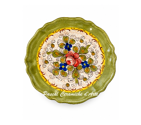 Green floral hand-painted Italian ceramic wall plate with scalloped rim on white background