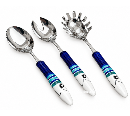 Pesce Allegro salad server set and spaghetti server with stainless steel ends and hand-painted ceramic fish handles