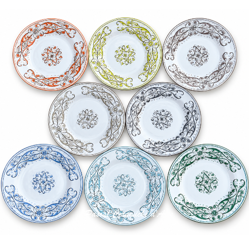 Set of 8 hand-painted Italian ceramic salad and dessert plates in different coordinating colors