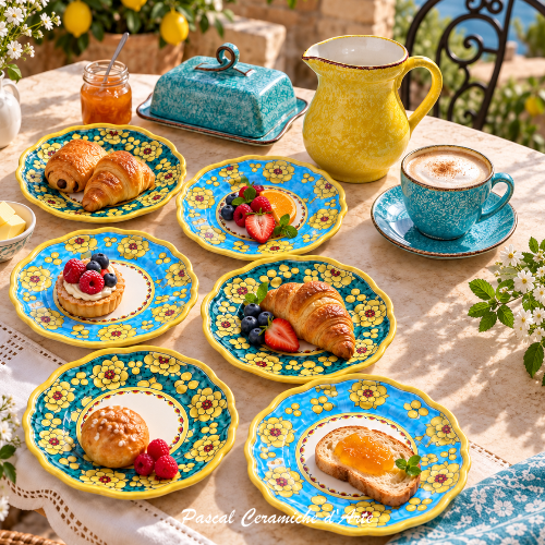 Classic Blossom hand-painted Italian appetizer plates styled for breakfast with Rainbow ceramic pieces