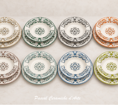 16-piece hand-painted Italian ceramic dinnerware set with 8 dinner plates and 8 deep pasta plates in 8 different colors