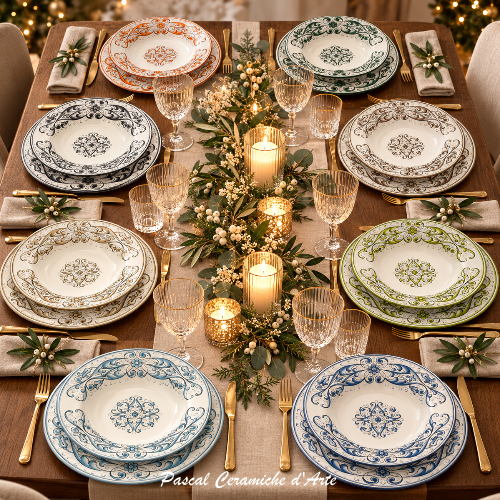 Eight hand-painted Italian ceramic place settings in orange, black, brown, light blue, blue, corda and meadow green on an elegant festive table