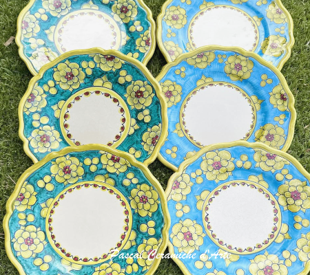 Set of 6 Classic Blossom Italian ceramic appetizer plates in turquoise, light blue and emerald green with scalloped rims